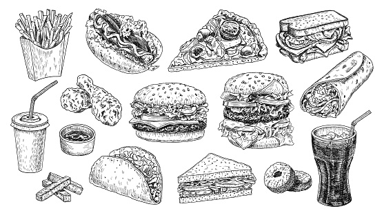 Fast food hand drawn vector illustration. Hamburger, cheeseburger, sandwich, pizza, chicken, taco, french fries, hot dog, doughnuts, burrito and cola engraved style, sketch isolated on white.