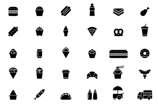 ilustraciones, imágenes clip art, dibujos animados e iconos de stock de iconos de comida rápida - sandwich