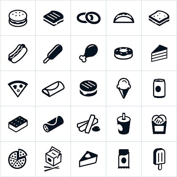 Fast Food Icons Icons representing fast food and junk food in general. The icons include a hamburger, hotdog, corndog, french fries, grilled cheese sandwich, onion rings, taco, fried chicken, sweets, donut, pastries, cake, pizza, burrito, ice cream, soda, Chinese food, candy bar and others. sandwich icons stock illustrations