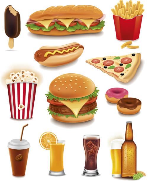 Fast food items-hamburger, fries, hotdog, juice,cola,Coffee, beer, juice, popcorn,pizza, ice cream Fast food-hamburger, fries, hotdog, juice,cola, beer, juice, popcorn,pizza, ice cream food clipart stock illustrations