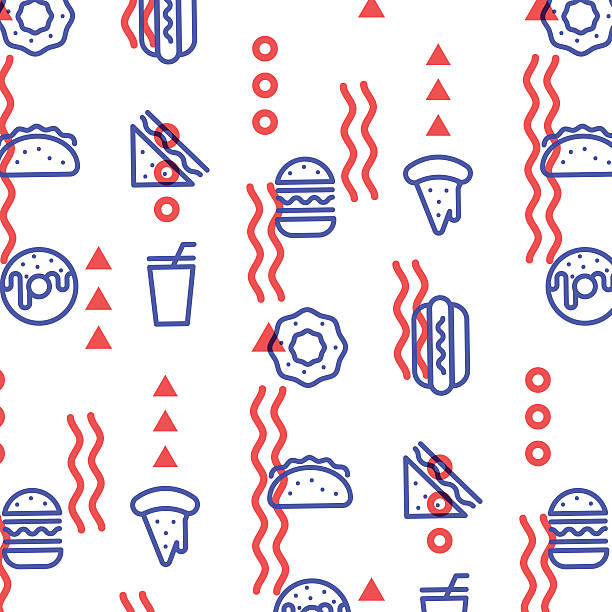 Fast food linear outline pattern. Print texture. Fabric design. Fast food linear outline pattern. Print texture. Fabric design - Vector illustration. sandwich designs stock illustrations