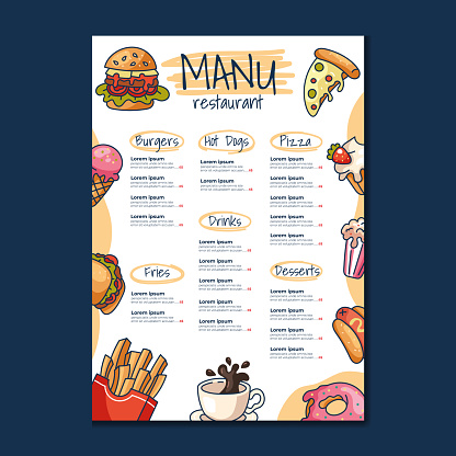 Fast food main menu template mock for cafe and restaurant design for print