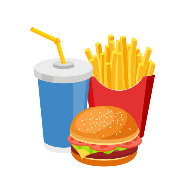 stockillustraties, clipart, cartoons en iconen met fast food maaltijd kleurrijke hamburger frietjes en frisdrank geïsoleerd op wit - patat