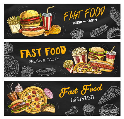 Fast food menu pizza, burgers and fastfood snacks