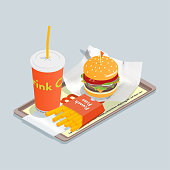 Cheeseburger menu on tray. 30° isometric projection