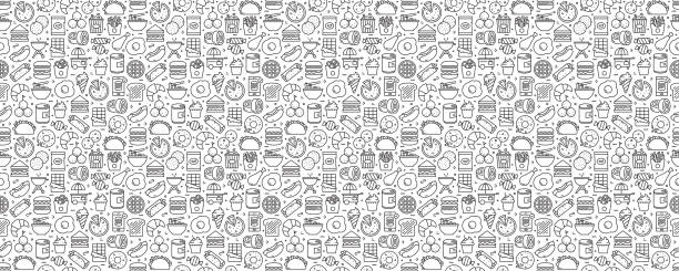 Fast Food Related Seamless Pattern and Background with Line Icons Fast Food Related Seamless Pattern and Background with Line Icons sandwich backgrounds stock illustrations