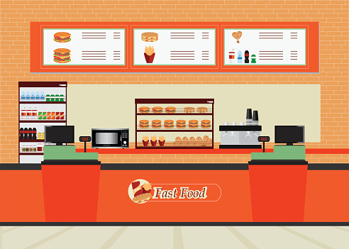 Fast food restaurant interior with hamburger and beverage.