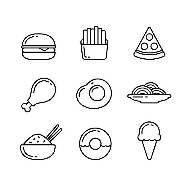stockillustraties, clipart, cartoons en iconen met fast food restaurant line icons - plate hamburger