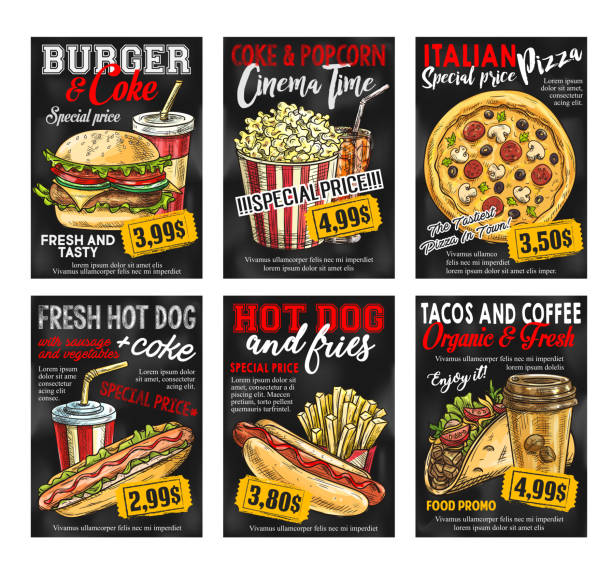 Fast food restaurant menu price card on blackboard Fast food restaurant menu promo card with special price. Hamburger, hotdog and pizza with soda and coffee drink, french fries, mexican taco and popcorn sketch banner on chalkboard for fast food design sandwich backgrounds stock illustrations