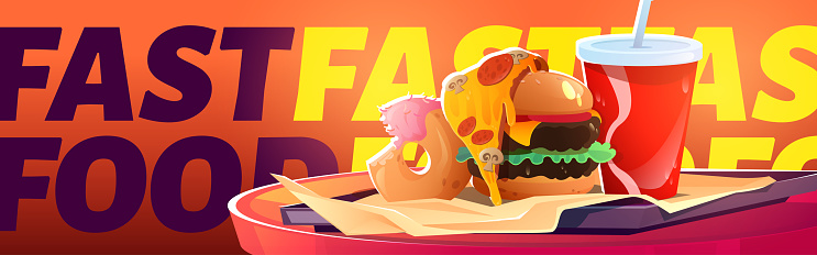 Fast food restaurant poster with burger, pizza