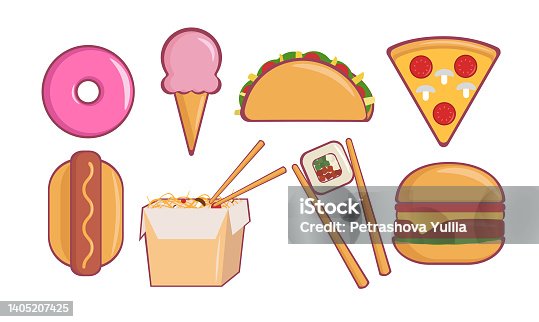 istock Fast food set icons. Street food, not healthy food 1405207425