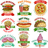Fast food emblem set with burger, drink and dessert vector icon. Hamburger, hot dog and cheeseburger sandwich, pizza, fries and soda cup, donut, ice cream and popcorn sketch symbol with ribbon banner
