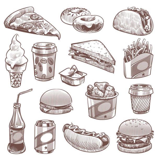 Fast food sketch. Pizza, donuts and ice cream, french fries and hamburger, cola and hot dog, coffee and cheeseburger vector doodle set Fast food sketch. Pizza, donuts and ice cream, french fries and hamburger, cola and hot dog, coffee and cheeseburger vector doodle snack unhealthy fasting products set sandwich drawings stock illustrations