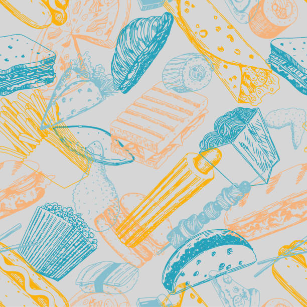 Fast food sketches seamless pattern. Delicious food colored ornament. Hand drawn vector illustration. Modern style design for decor, wallpaper, background, textile. Fast food sketches seamless pattern. Delicious food colored ornament. Hand drawn vector illustration. Modern style design for decor, wallpaper, background, textile. sandwich designs stock illustrations