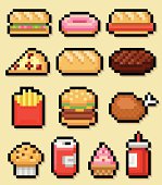 Fast food icons in pixel art.