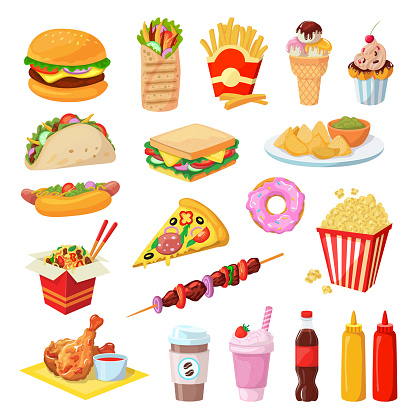 Fast food vector illustration set, cartoon flat unhealthy streetfood cafe menu collection for junk food party isolated on white