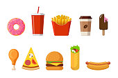 Fast sreet food lunch or breakfast meal set. Classic burger, french fries, fried crispy chicken leg, glazed donut, soft drink, coffee cup, ice cream, hot dog, pizza and shawarma. Vector illustration