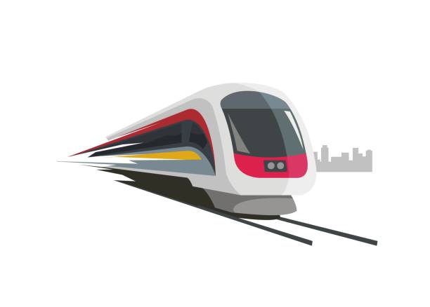 ilustrações, clipart, desenhos animados e ícones de trem rápido simples ilustração com fundo de silhueta de construção da cidade - trem