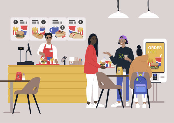 A fast-food chain restaurant venue, a worker behind the register counter serving an order on a tray, a group of millennials eating at the table vector art illustration