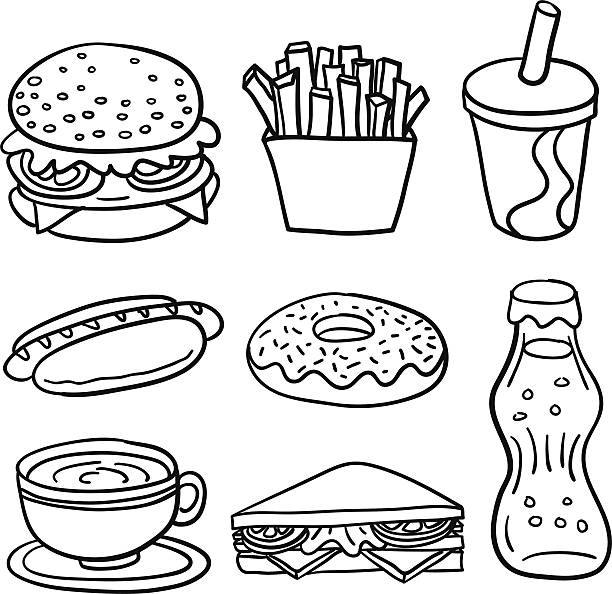 Fastfood collection in Black and White 8 sketch drawing of fastfood in line art drawing.  sandwich drawings stock illustrations