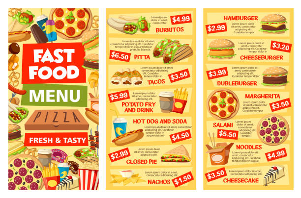Fastfood menu banners takeaway food and prices Fast food menu templates vector. Burritos and pitta, tacos, potato fry and drink, hot dog and soda, pie and nachos. Hamburger or cheeseburger, doubleburger, margherita, salami and noodles, cheesecake margherita stock illustrations