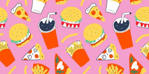 Fastfood pattern with modern doodle food illustrations. Seamless vector background, cola drink with straw, french fries and burgers with cheese, slices of pepperoni pizza and margherita Fastfood pattern with modern doodle food illustrations. Seamless vector background, hand drawn cola drink with straw, french fries and burgers with cheese, slices of pepperoni pizza and margherita margherita stock illustrations