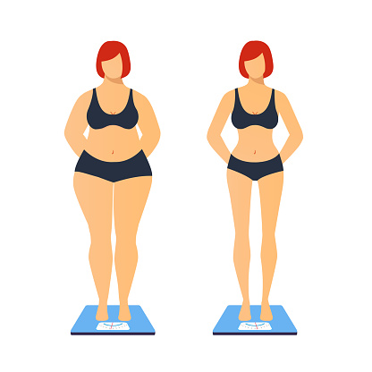 A fat and thin woman is standing on the scales isolated on a white background.