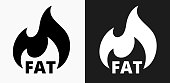 Fat Burning Icon on Black and White Vector Backgrounds. This vector illustration includes two variations of the icon one in black on a light background on the left and another version in white on a dark background positioned on the right. The vector icon is simple yet elegant and can be used in a variety of ways including website or mobile application icon. This royalty free image is 100% vector based and all design elements can be scaled to any size.