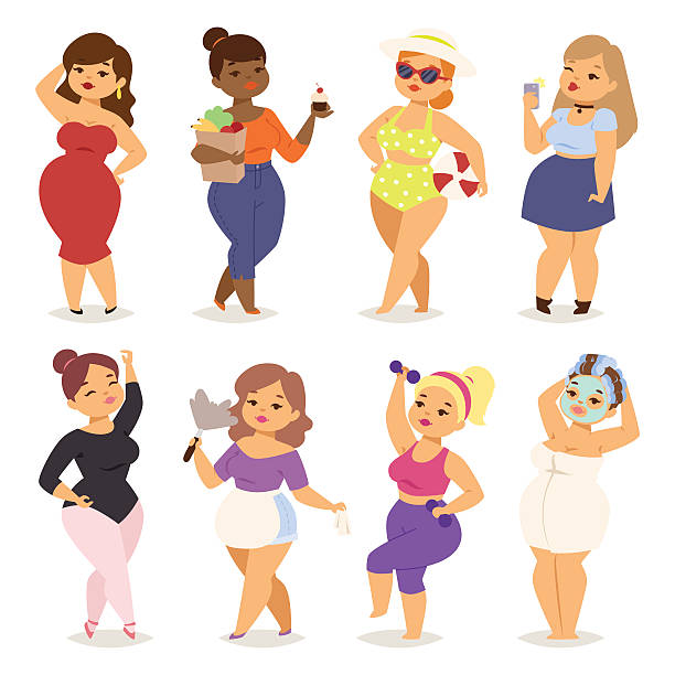 Fat girl vector set. Fat people vector girl flat character icons. Body symbol people fat girl in red dress with hair curlers. Healthy fitness lifestyle person fat girl sport body overweight health human large body. cartoon of fat lady in swimsuit stock illustrations