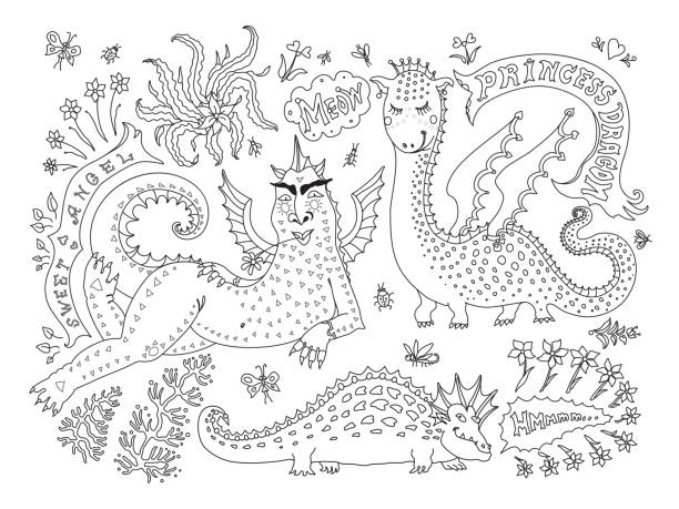 A fat  lying dragon woman in bicycle gloves, saying meow, little dinosaur princess. Linear cartoon black sketch on a white background. Tee-shirt print, adults coloring book page, poster, book cover A fat  lying dragon woman in bicycle gloves, saying meow, little dinosaur princess. Linear cartoon black sketch on a white background. Tee-shirt print, adults coloring book page, poster, book cover quote coloring pages stock illustrations