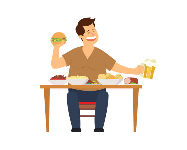 illustrations, cliparts, dessins animés et icônes de gros homme manger fast-food assis à la table. - eating burger