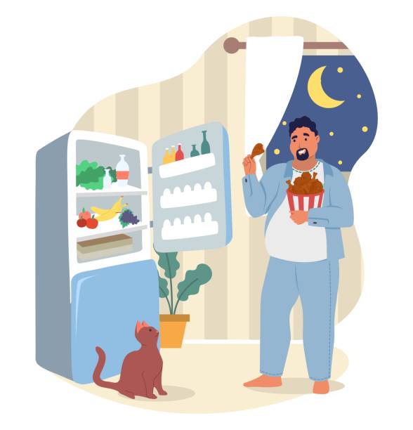 Fat man eating near open fridge at night vector vector art illustration