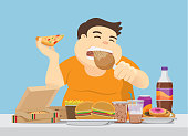 Fat man enjoy with a lot of fast food on the table. Illustration about overeating.