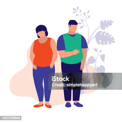 istock Fat People. Health And Body Conscious Concept. Vector Flat Cartoon Illustration. 1307328866