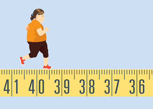 Fat woman jogging on tape measure