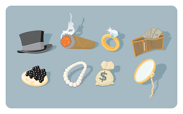 Fat-Cat Icon Set "The fat-cat icon set has all the little luxuries a tycoon needs in life - a top hat, cigar, diamond ring, wallet of cash, caviar, pearl necklace, money bag and monocle." roe stock illustrations