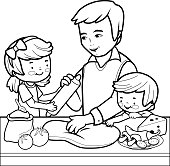 Father and children making a pizza in the kitchen. Black and white coloring page vector illustration