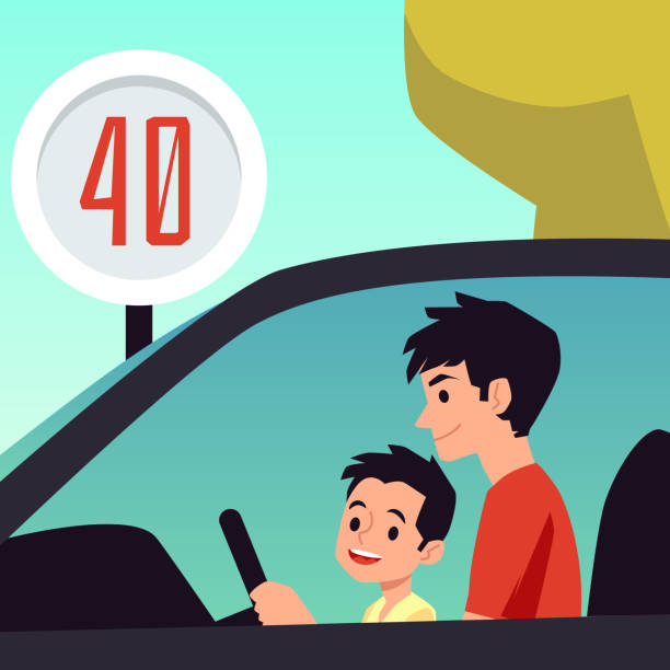 Father and little boy driving a car. Cartoon man teaching son drive Father and little boy driving a car. Cartoon man teaching son how to drive sitting at steering wheel and learning road signs, vector illustration of family time. teen driving stock illustrations