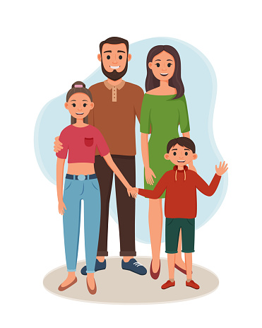 Father and mother with their children are standing. Vector illustration of happy parents with daughter and son. Smiling couple and young children wave hand. Woman, man, boy, girl