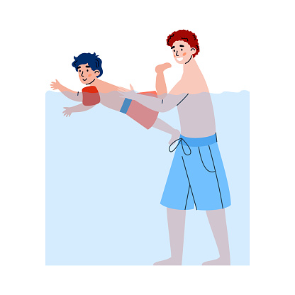 Father and son cartoon characters in swimming pool, flat vector illustration.