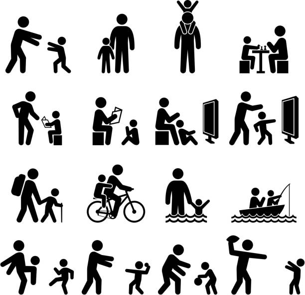 Father and son family time and summer fun icon set Father and son family time black & white icon set cycling symbols stock illustrations