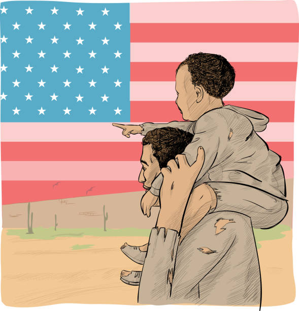 father and son immigrant in front of the USA flag father and son immigrant in front of the USA flag latin family stock illustrations