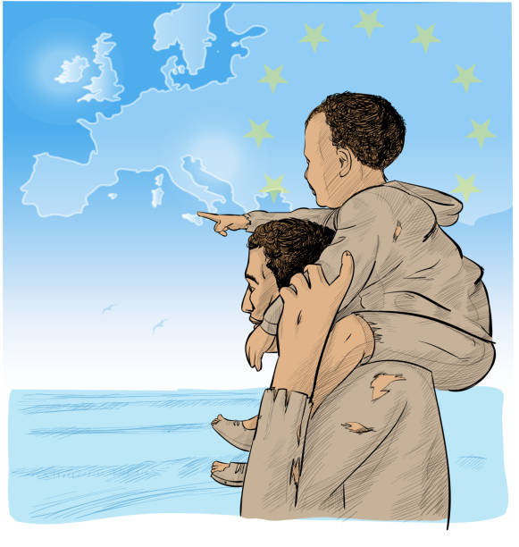 father and son immigrants in front of the European map father and son immigrants in front of the European map. vector illustration pain borders stock illustrations