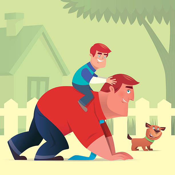 stockillustraties, clipart, cartoons en iconen met father and son - piggyback funny