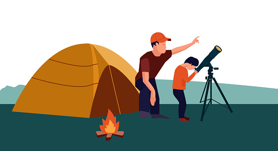 Father and son watching stars with telescope near to tent. Summer family camping. Forest landscape overnight. Editable vector illustration
