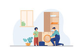 Father fixing washing machine and child helping him. Occupation, bathroom. Flat vector illustration. Repair service concept can be used for presentations, banner, website design, landing web page