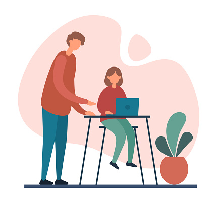 Father helping daughter with homework assignment. Flat vector illustration