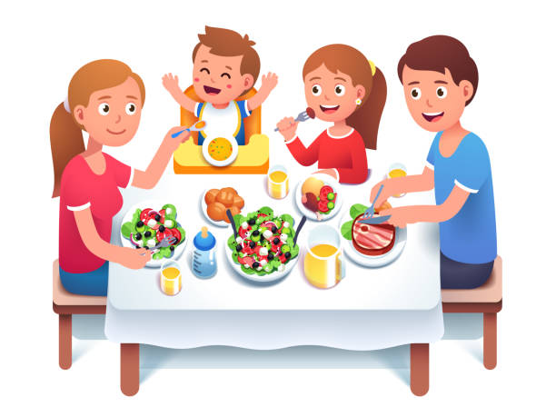 Father, mother, daughter & son kids having home family dinner or lunch sit at table. Mom feeding toddler child in chair. Happy family cartoon characters eating meal together. Flat vector illustration Father, mother, daughter & son kids having home family dinner or lunch sit at table. Mom feeding toddler child in chair. Happy family cartoon characters eating meal together. Flat style vector isolated illustration family dinner stock illustrations
