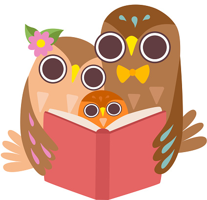 Father Owl Reading Book to His Owlet, Happy Family of Owls, Cute Cartoon Birds Characters Vector Illustration