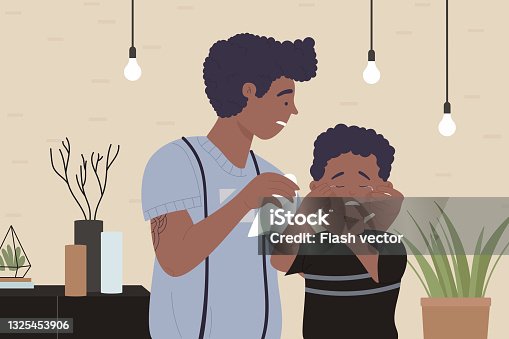 istock Father parent hugging crying boy kid, dad wipes tears from depressed son child face 1325453906